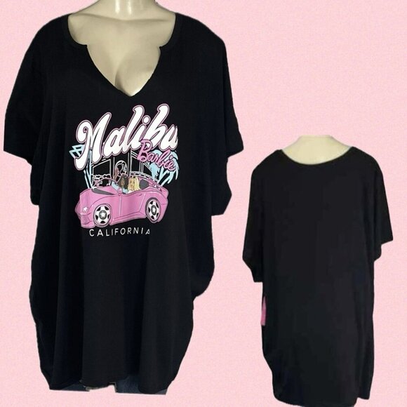 Barbie +5 Black Split Neckline Malibu Barbie Pink Car Graphic Short Sleeve Tee - Picture 1 of 6